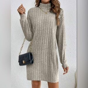 Casual Ribbed Turtleneck Long Sleeve Mini Dress